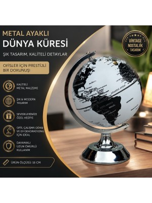 Tekno Hediye Metal Ayaklı Dünya Küresi 16 cm | Siyah Beyaz Dekoratif Globe | Ofis Masaüstü Aksesuarı | Vintage Nostaljik Dünya Haritası | Çalışma Odası Dekoru | Şık Hediye Fikri