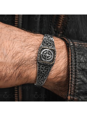 Modasilvers 925 Ayar Gümüş Pusula Tasarım Erkek Kelepçe Bileklik