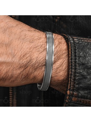 Modasilvers 925 Ayar Gümüş Hasır Desenli Erkek Kelepçe Bileklik