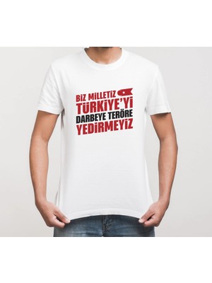 Hace Bazaar 15 Temmuz Demokrasi Milli Birlik Yedirmeyiz Baskılı Bisiklet Yaka T-Shirt - Beyaz
