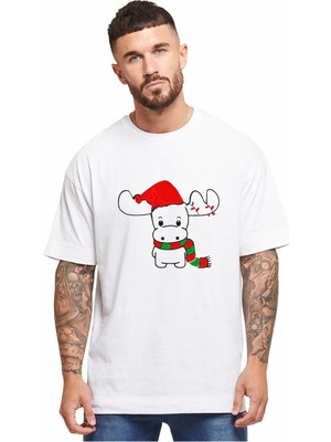 Hace Bazaar Yılbaşı Noel Ren Geyiği Baskılı Kısa Kollu Oversize Bisiklet Yaka T-Shirt - Beyaz