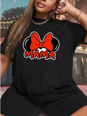 Marsilyan- Anneler Günü Hediye Anne Temalı Baskılı Oversize Bisiklet Yaka T-Shirt - Siyah