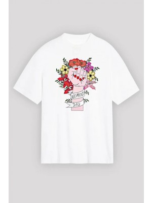 Marsilyan- 8 Mart Dünya Kadınlar Günü Baskılı Oversize Bisiklet Yaka T-Shirt - Beyaz