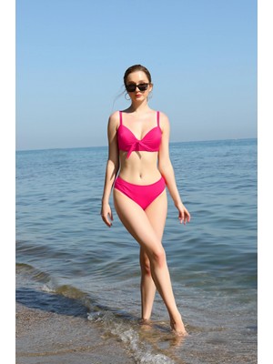 Marsilyan™-  Kadın Içi Boş Fiyonklu Kaplı Fuşya Alt Üst Bikini Takım 35011