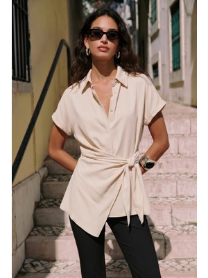 Sateen Bağlama Detaylı Gömlek - Bej