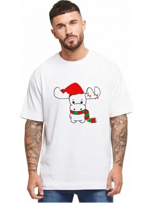 Marsilyan- Yılbaşı Noel Ren Geyiği Baskılı Kısa Kollu Oversize Bisiklet Yaka T-Shirt - Beyaz