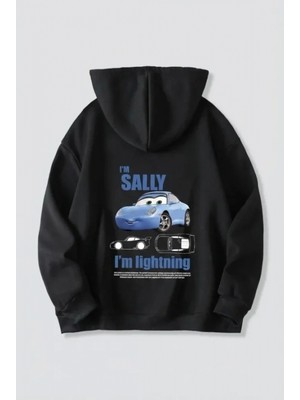Marsilyan- Sevgililer Günü Araba Temalı Baskılı Oversize Kapüşonlu Sweatshirt Hoodie - Siyah