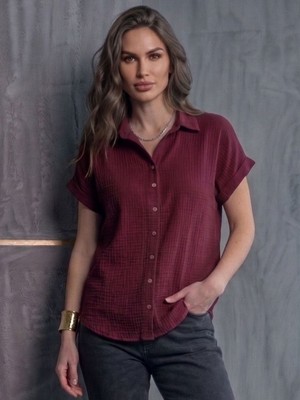 Trendseninle Kadın Müslin Yaka Patlı Tam Düğmeli Gömlek Bordo