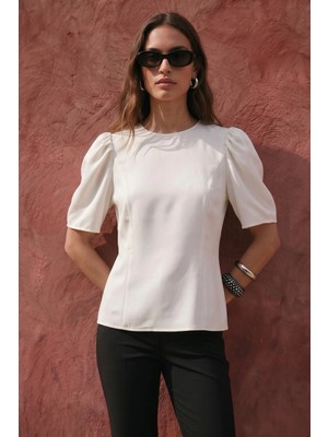 Sateen Kabarık Kollu Bluz - Ekru