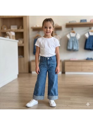 Almira Anne Bebek Kız Çocuk Geniş Paçalı -Taş Detaylı - Kot Pantolon