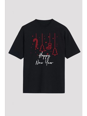 MidasTech Yılbaşı Happy New Year Baskılı Kısa Kollu Oversize Bisiklet Yaka T-Shirt - Siyah