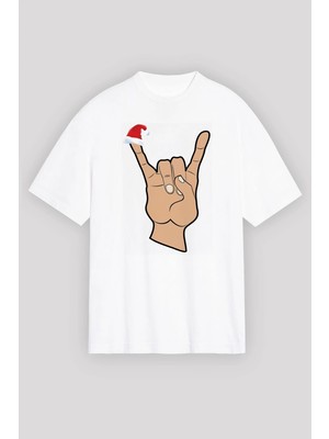 MidasTech Yılbaşı Noel Başlıklı Serçe Parmak Baskılı Oversize Bisiklet Yaka T-Shirt - Beyaz
