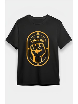 MidasTech 1 Mayıs Labor Day Emekçi Temalı Baskılı Oversize Bisiklet Yaka T-Shirt - Siyah