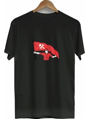 MidasTech 1 Mayıs Emek ve Dayanışma Bayraklı Emekçi Baskılı Bisiklet Yaka T-Shirt - Siyah