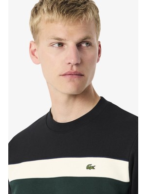 Lacoste Men's Classic Fit Colour-Block Fleece Hoodie Organik Pamuk Renk Bloklu Bisiklet Yaka Sweatshirt Siyah