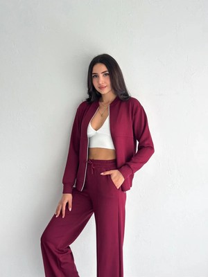 Gugus Kadın Modal Kumaş Kolej Yaka Fermuarlı Cepli Bol Paça Takım