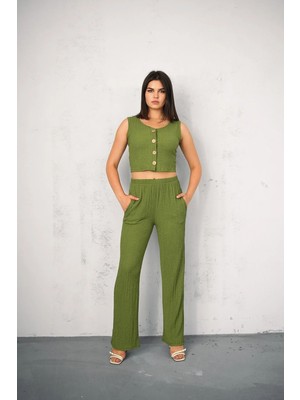 Gugus Kadın Gofre Yelekli Alt/üst Takım Wide Lege Yüksek Bel Geniş Paça Model