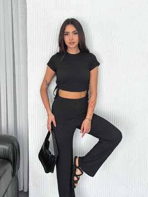 Gugus Trend Yandan Bağlama Detaylı Bol Paça Gofre/babıl Kumaş 2li Takım