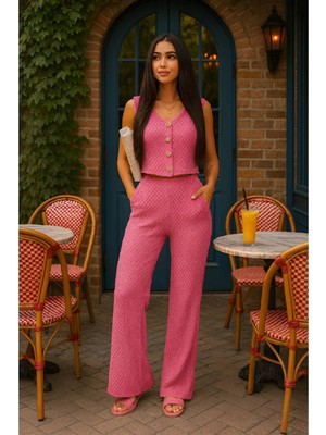 Gugus Kadın Gofre Yelekli Alt/üst Takım Wide Lege Yüksek Bel Geniş Paça Model