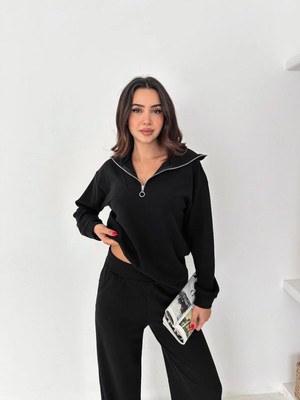 Gugus Kadın Selanik Dik Yaka Fermuarlı Örme Kumaş Alt/üst Takım