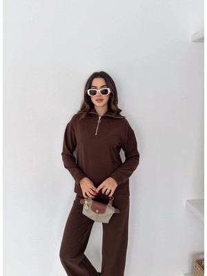 Gugus Kadın Selanik Dik Yaka Fermuarlı Örme Kumaş Alt/üst Takım