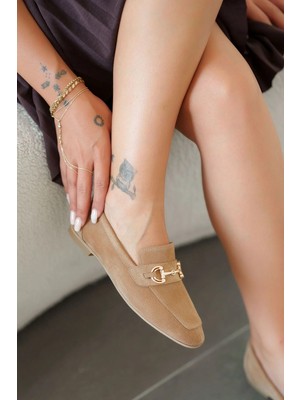 Akbir Harper Kadın Tokalı Hakiki Süet Loafer Ayakkabı Camel