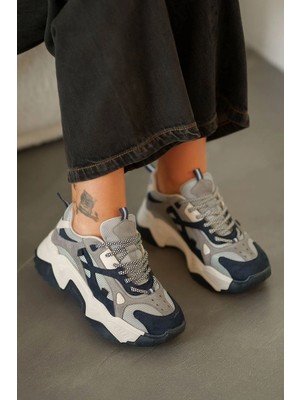 Sms Ayakkabı Tona Kadın Kalın Tabanlı Bağcıklı Sneakers Lacivert