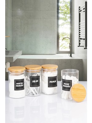 Naturelove 4'lü Bambu Vakumlu Kapaklı Kulak Pamuğu Makyaj Pamuğu Diş Ipi ve Pamuk Kavanozu 250 ml