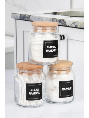 Naturelove 3'lü Ahşap Vakumlu Kapaklı Kulak Pamuğu Makyaj Pamuğu ve Pamuk Kavanozu Pamukluk Seti 300 ml