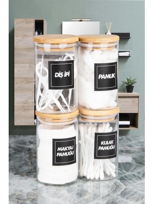 Naturelove 4'lü Bambu Vakumlu Kapaklı Kulak Pamuğu Makyaj Pamuğu Diş Ipi ve Pamuk Kavanozu Pamukluk Seti 250 ml