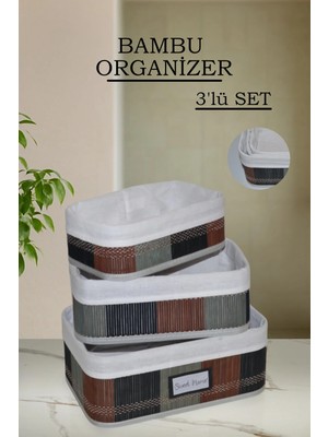 Naturelove 3'lü Desenli Bambu Saklama Sepeti – Naturel Astarlı Çok Amaçlı Düzenleyici Banyo Kozmetik Organizeri