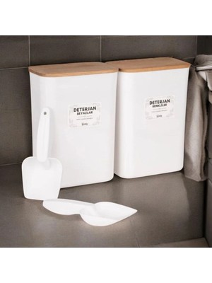 Naturelove 2'li Ahşap Vakum Kapaklı Beyazlar Renkliler Etiketli Deterjan Saklama Kabı Kutusu Ölçek Hediyeli