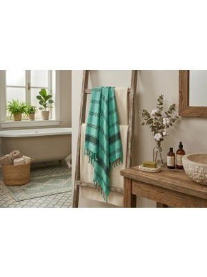 Ludia Ludıa Otantik Püsküllü %100 Pamuklu Büyük Boy Yeşil Siyah Çizgili Peştemal Havlu 78X195 cm