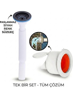 LPD Siyah Çöpmak Körüklü Büyük Kafalı Tırnaklı Mutfak Evye Lavabo Gider Si̇fonu (Üstü Paslanmaz Altı Plastik) + Çekvalfli Conta Kötü Koku Böcek Kirli Su Önleyici Lavabo Gider Aparatı