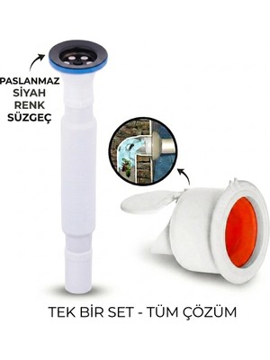 Filo Siyah Körüklü Lavabo Gider Si̇fonu (Üstü Paslanmaz Altı Plastik) + Çekvalfli Conta Kötü Koku Böcek Kirli Su Önleyici Lavabo Gider Aparatı