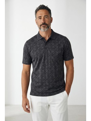 Erkek Simenti Yakalı Cepli Desenli Penye Baba Siyah Tshirt