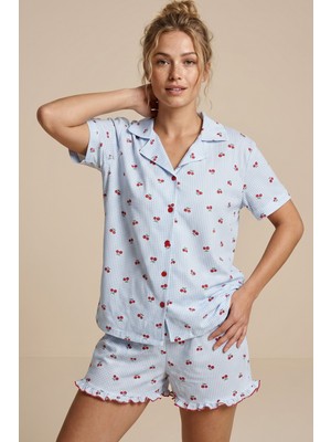 Siyah İnci Mavi Kareli Kiraz Desenli Ince Soft Örme Mevsimlik Düğmeli Şortlu Pijama Takımı 8044