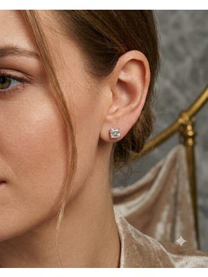 Celikchi Kadın Moissanite Kare Tek Taş Gümüş Küpe
