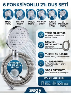 Segy Home 2'li Set 6 Fonksiyonlu Lüks Masajlı Filtreli Duş Başlığı ABS Plastik Yuvarlak Şekil