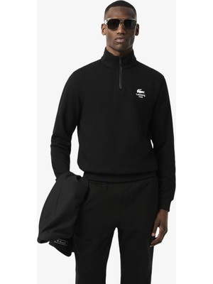 Lacoste High Neck Zip-Up Print Unisex Sweatshirt Fermuarlı Yüksek Yaka Pamuklu Sweatshirt Siyah