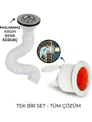Filo Krom Körüklü Lavabo Gider Si̇fonu (Üstü Paslanmaz Altı Plastik) + Çekvalfli Conta Kötü Koku Böcek Kirli Su Önleyici Lavabo Gider Aparatı