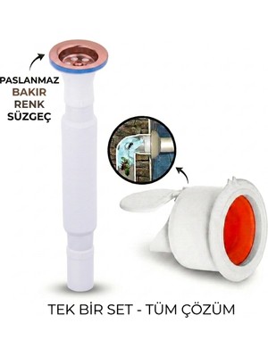Filo Rose Körüklü Lavabo Gider Si̇fonu (Üstü Paslanmaz Altı Plastik) + Çekvalfli Conta Kötü Koku Böcek Kirli Su Önleyici Lavabo Gider Aparatı
