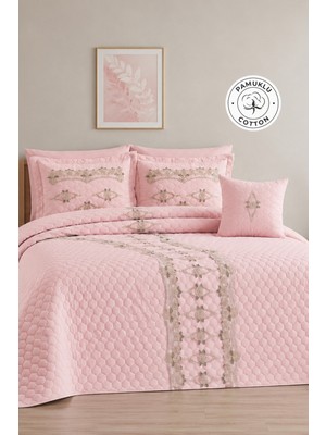 Evien Home Kaftan Dantelli Çift Kişilik Yatak Örtüsü Kapitone Pike Takımı Elyaf Dolgulu 4 Parça Pudra