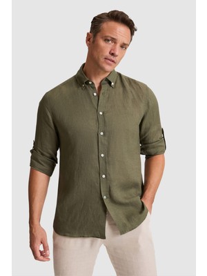 U.S. Polo Assn. Erkek Koyu Haki Keten Uzun Kollu Gömlek 50319065-VR111
