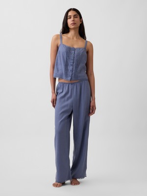 Gap Kadın Mavi Keten Karışımlı Dantel Kenar Pijama Altı