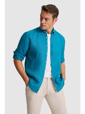 U.S. Polo Assn. Erkek Petrol Keten Uzun Kollu Gömlek 50319065-VR102