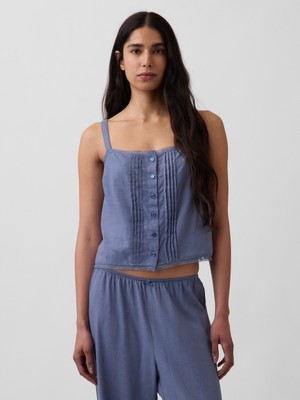 Gap Kadın Mavi Keten Karışımlı Pintuck Kısa Askılı Pijama Üstü