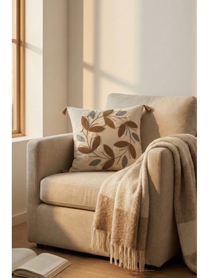 Destiva Home Çiçekli Püsküllü Pamuk Punch Nakışlı Gizli Fermuarlı Dekoratif Kırlent Kılıfı 42X42 cm