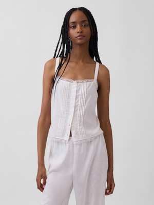 Gap Kadın Beyaz Keten Karışımlı Pintuck Kısa Askılı Pijama Üstü