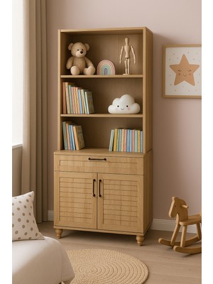 Arion Kids Pera Wood MDF Kapaklı Şifonyer ve Kitaplık Set | REHAU Kaplama Kapak ve Çekmeceler | Ağaç Ayaklar